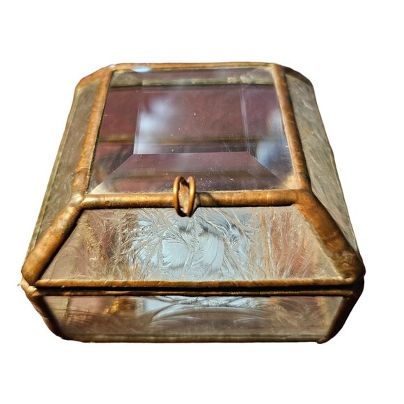 Vintage Etched Glass Brass Jewelry Box Mirrored Small - Picture 1 of 11
